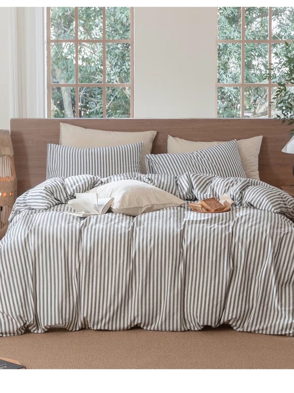 Striped Gray and White Duvet Cover Set - Neutral Cotton Blend